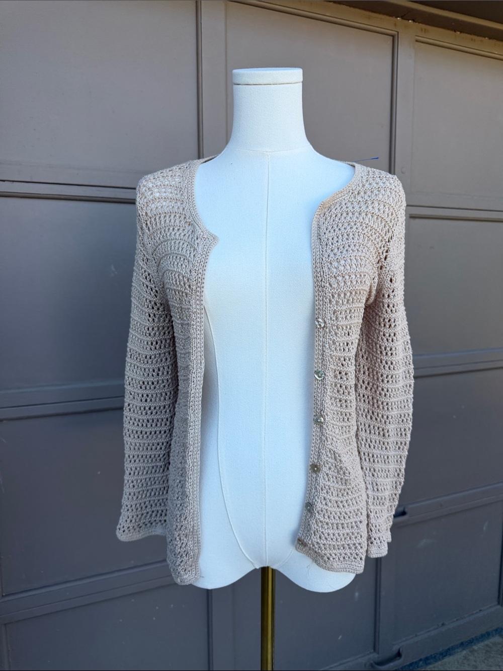 Eddie Bauer Light Beige Crochet Open-Front Cardigan
